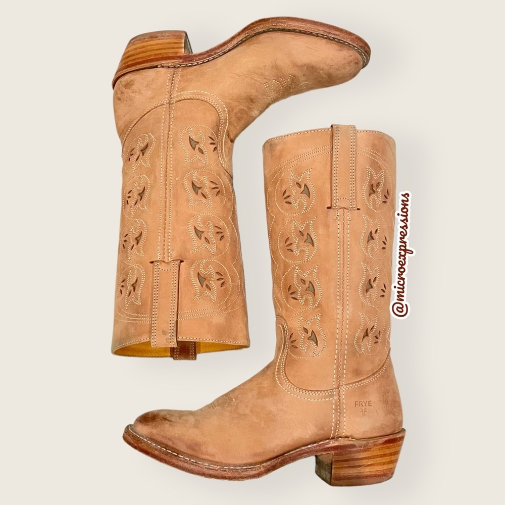 VINTAGE 1980 Frye Austin Tan Cottagecore Leather Floral Embroidered Cowboy Boot - Picture 6 of 13